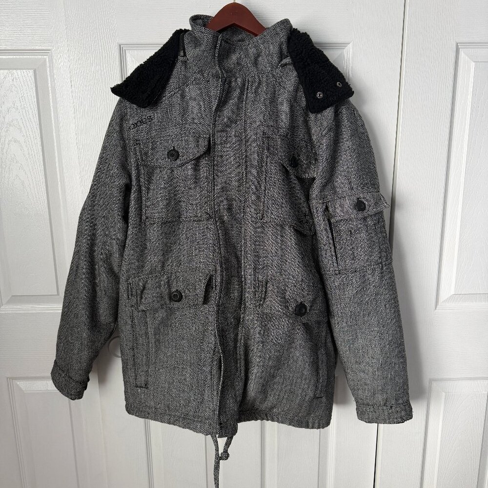 Vintage Innes Chevron Skater Wool Blend Black White Hooded Coat LARGE Y2K